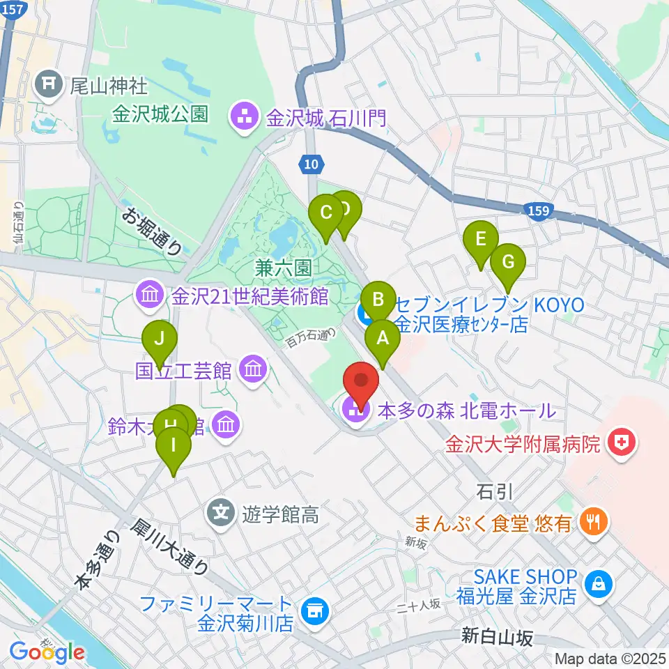 本多の森北電ホール周辺のファミレス・ファーストフード一覧地図