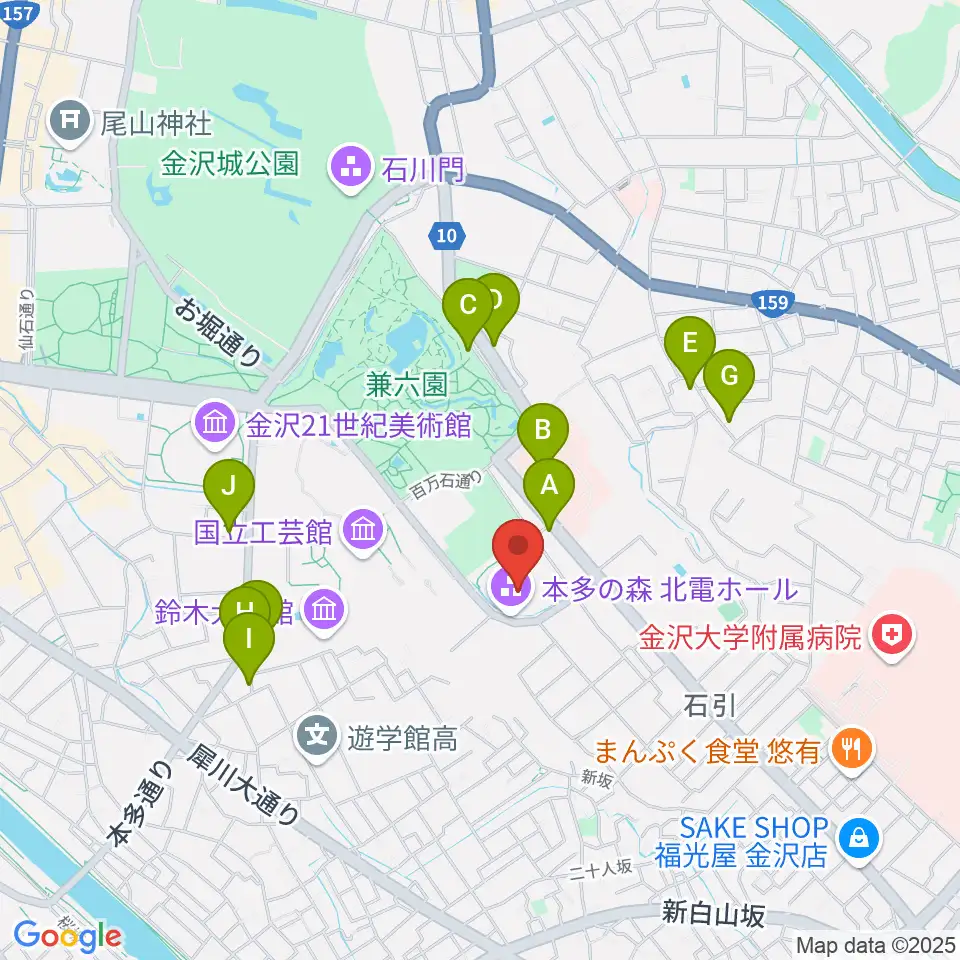本多の森北電ホール周辺のファミレス・ファーストフード一覧地図