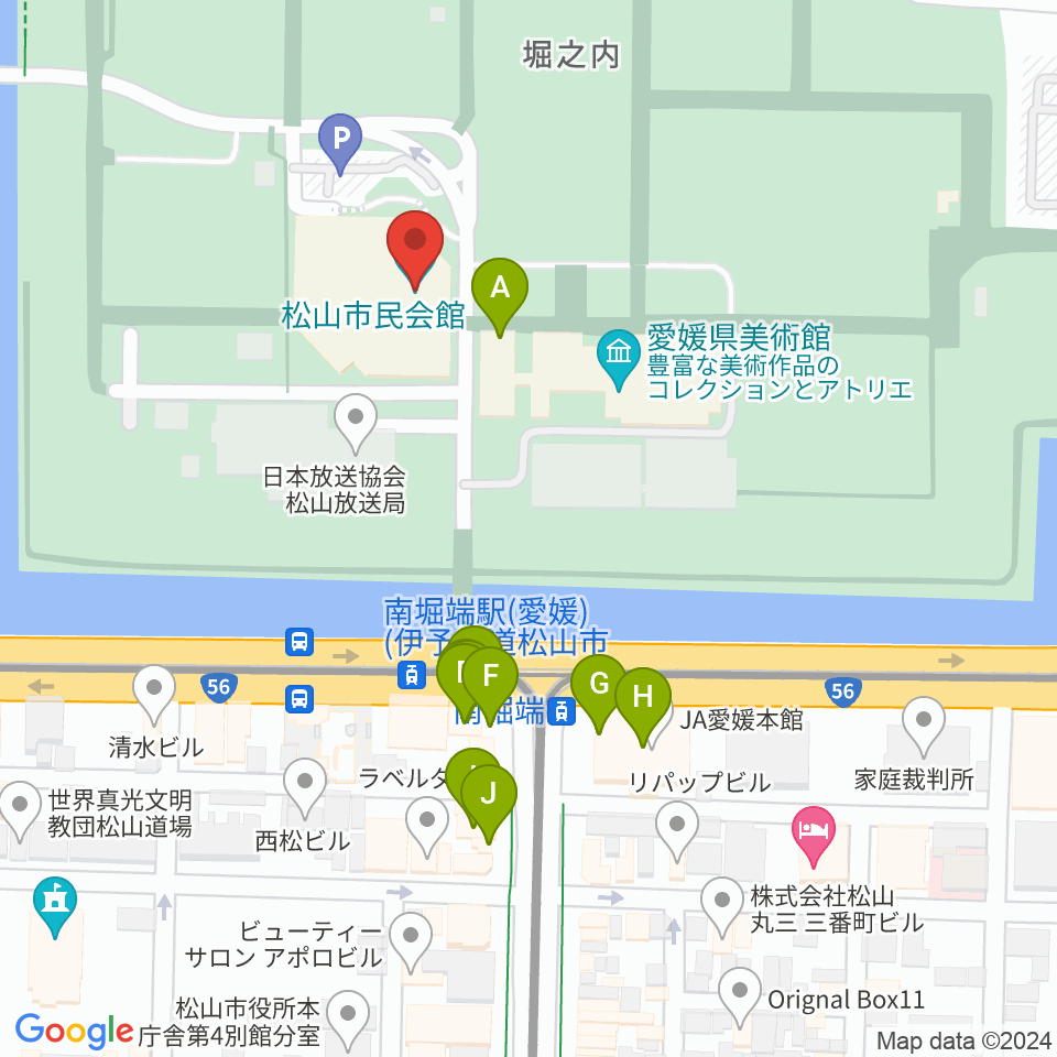 松山市民会館周辺のファミレス・ファーストフード一覧地図