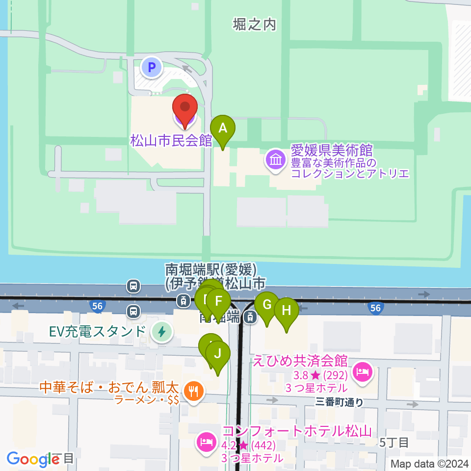 松山市民会館周辺のファミレス・ファーストフード一覧地図