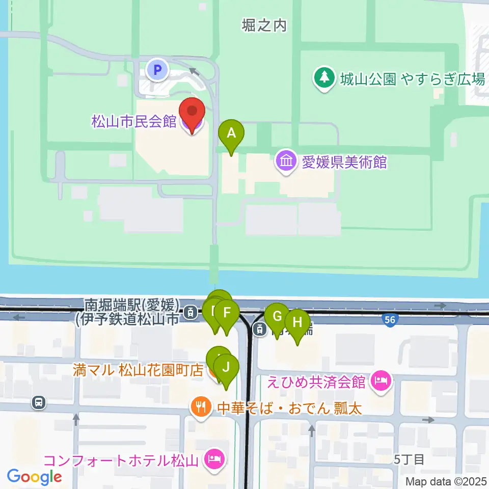 松山市民会館周辺のファミレス・ファーストフード一覧地図