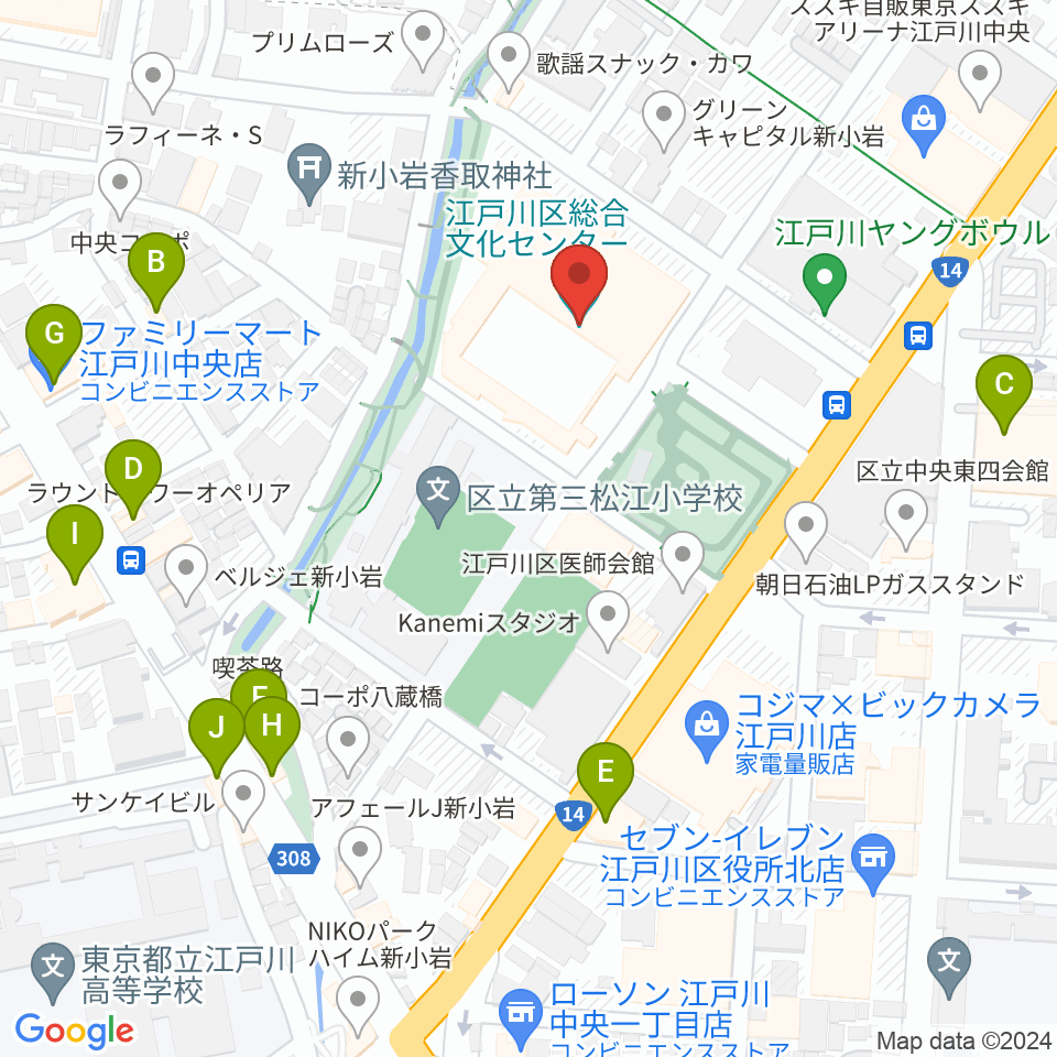 江戸川区総合文化センター周辺のファミレス・ファーストフード一覧地図