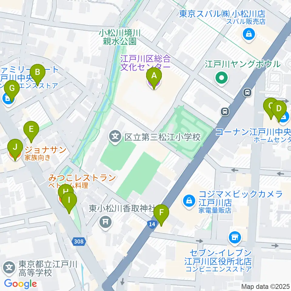 江戸川区総合文化センター周辺のファミレス・ファーストフード一覧地図
