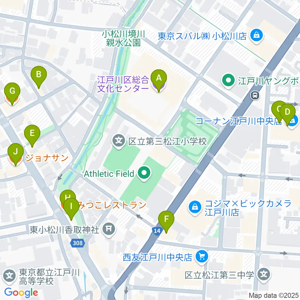 江戸川区総合文化センター周辺のファミレス・ファーストフード一覧地図