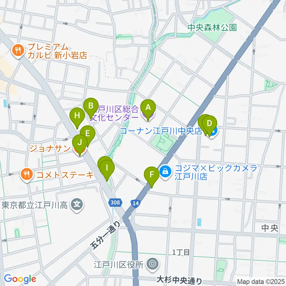 江戸川区総合文化センター周辺のファミレス・ファーストフード一覧地図