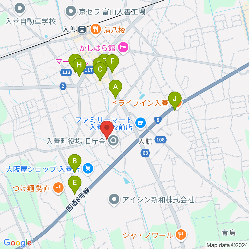 入善町民会館コスモホール周辺のファミレス・ファーストフード一覧地図