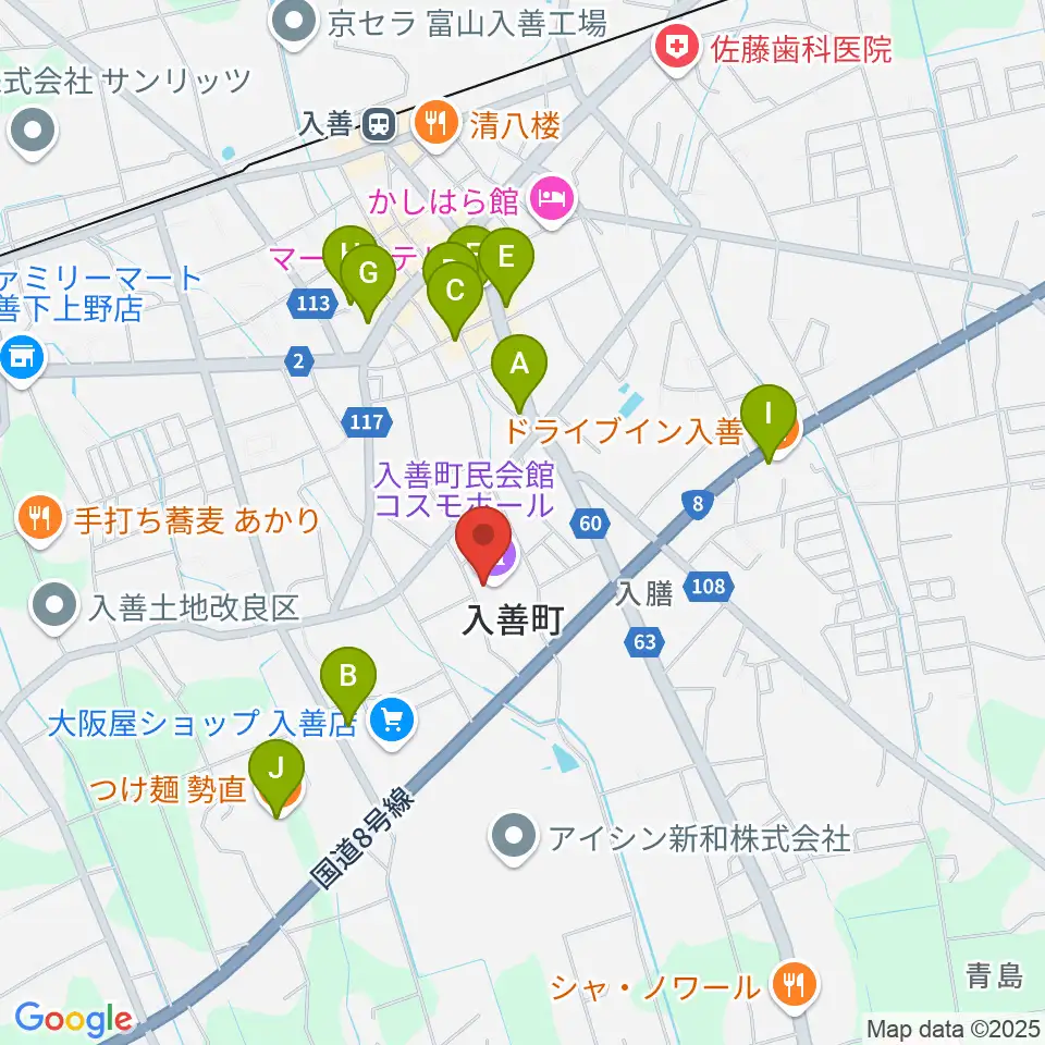 入善町民会館コスモホール周辺のファミレス・ファーストフード一覧地図
