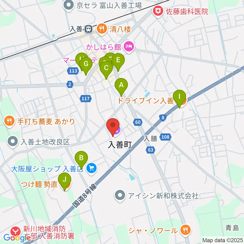 入善町民会館コスモホール周辺のファミレス・ファーストフード一覧地図