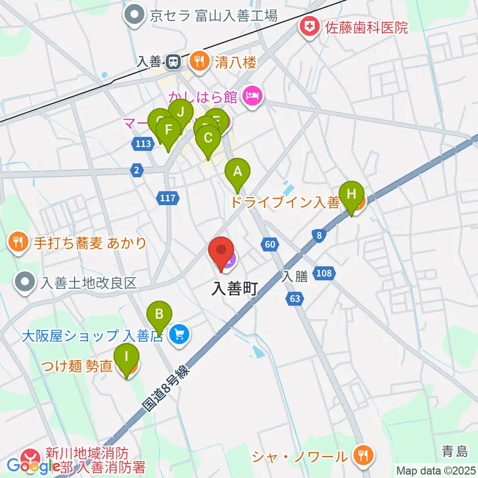 入善町民会館コスモホール周辺のファミレス・ファーストフード一覧地図