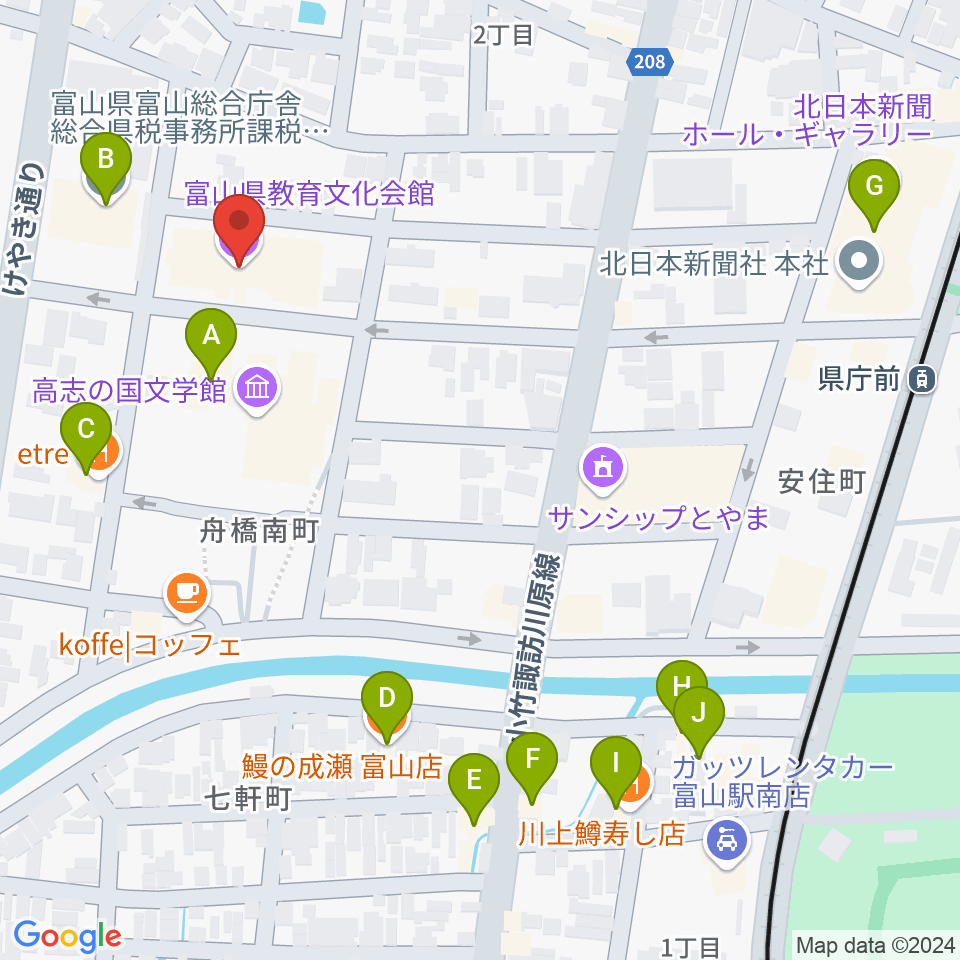 富山県教育文化会館周辺のファミレス・ファーストフード一覧地図