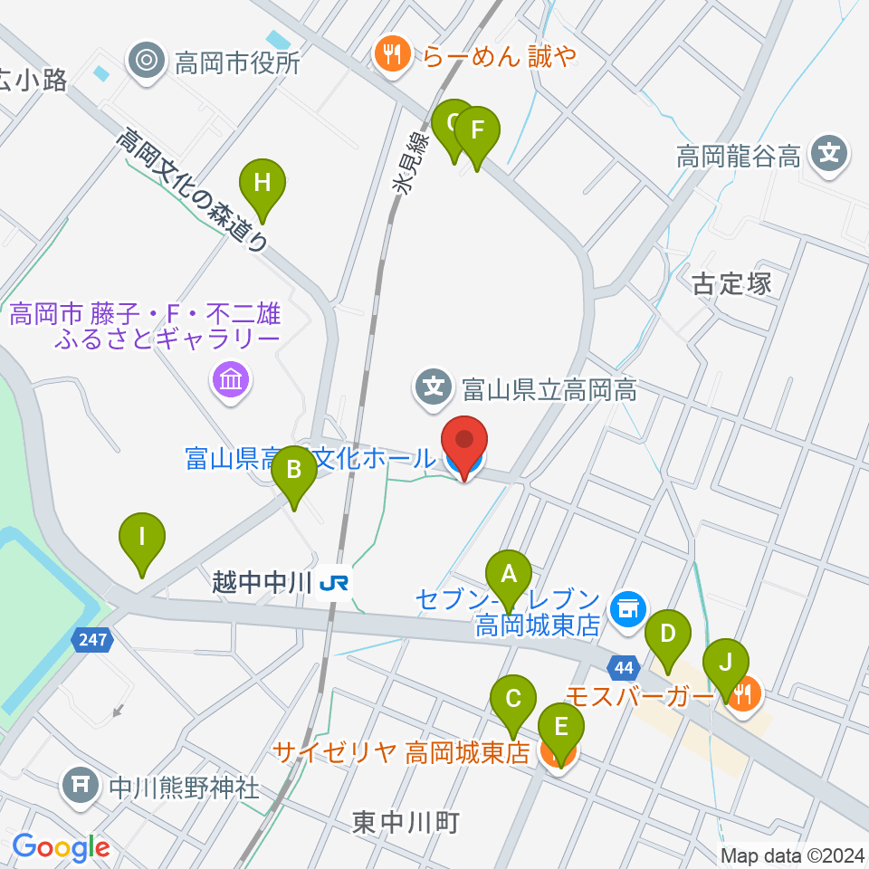 富山県高岡文化ホール周辺のファミレス・ファーストフード一覧地図