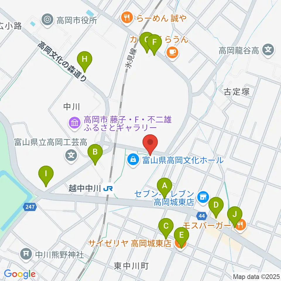 富山県高岡文化ホール周辺のファミレス・ファーストフード一覧地図