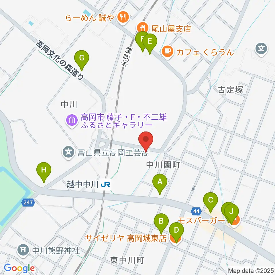 富山県高岡文化ホール周辺のファミレス・ファーストフード一覧地図