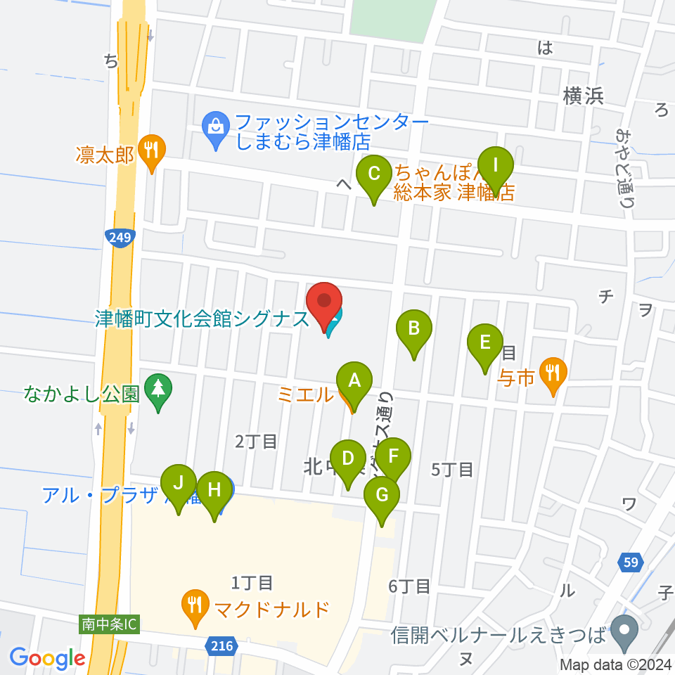 津幡町文化会館 シグナス周辺のファミレス・ファーストフード一覧地図