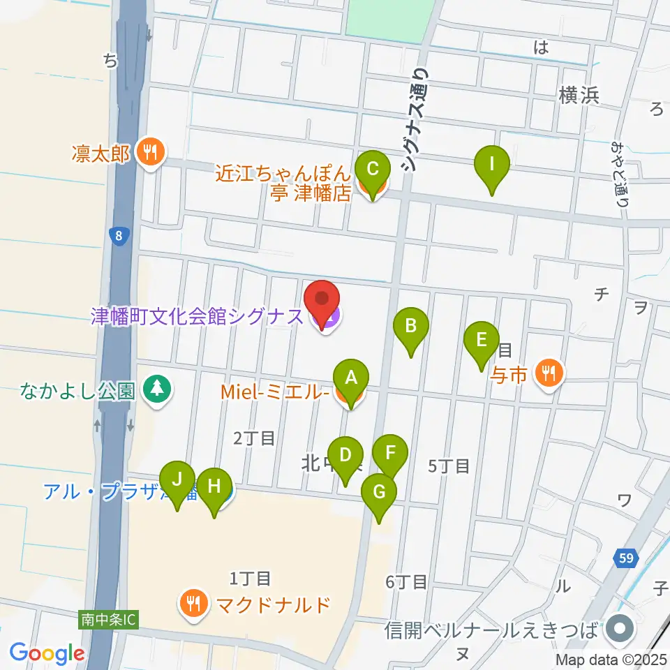 津幡町文化会館 シグナス周辺のファミレス・ファーストフード一覧地図