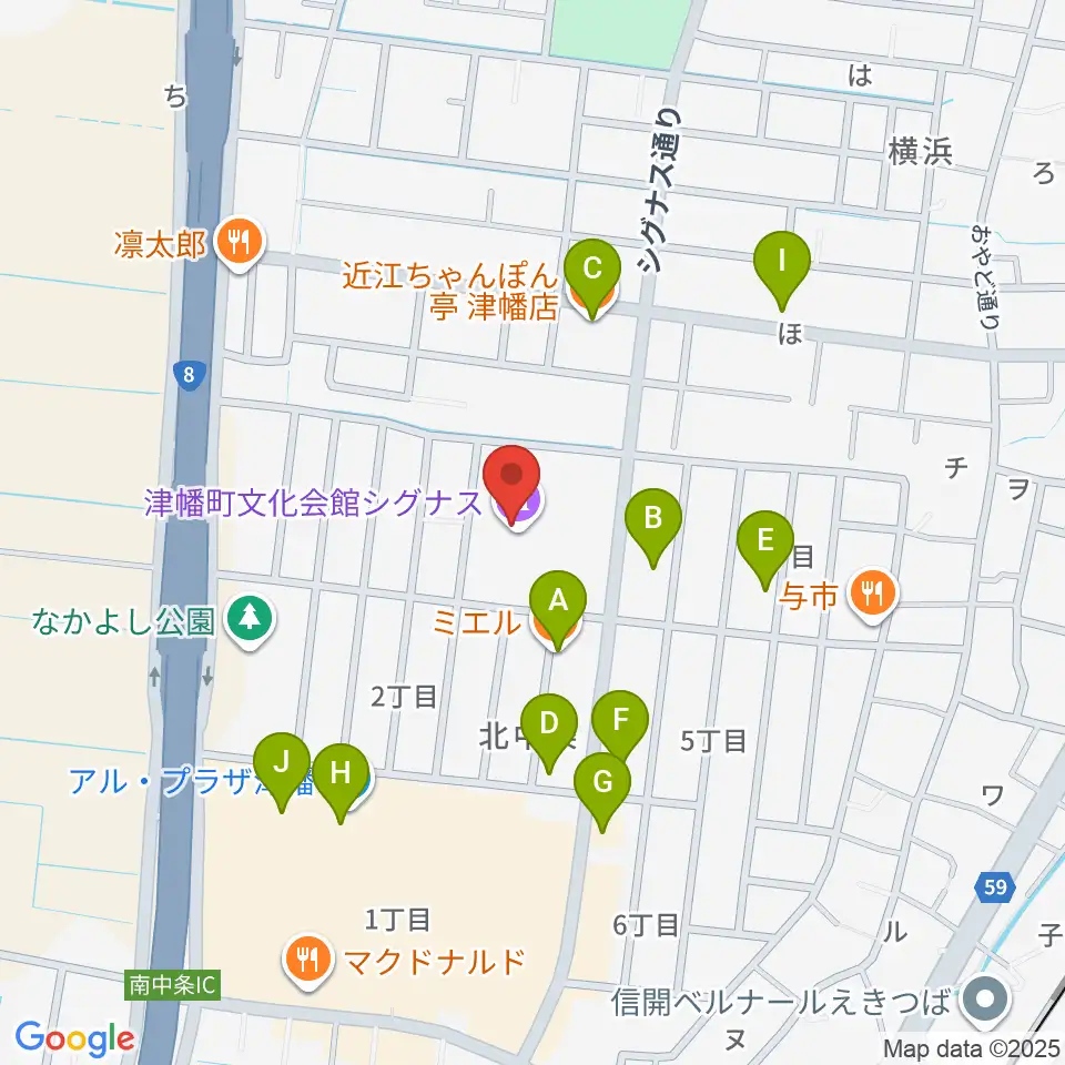 津幡町文化会館 シグナス周辺のファミレス・ファーストフード一覧地図