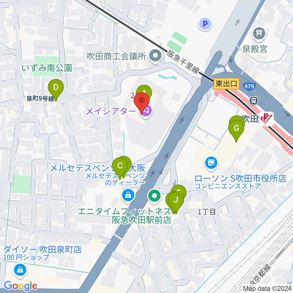 吹田市文化会館メイシアター周辺のファミレス・ファーストフード一覧地図