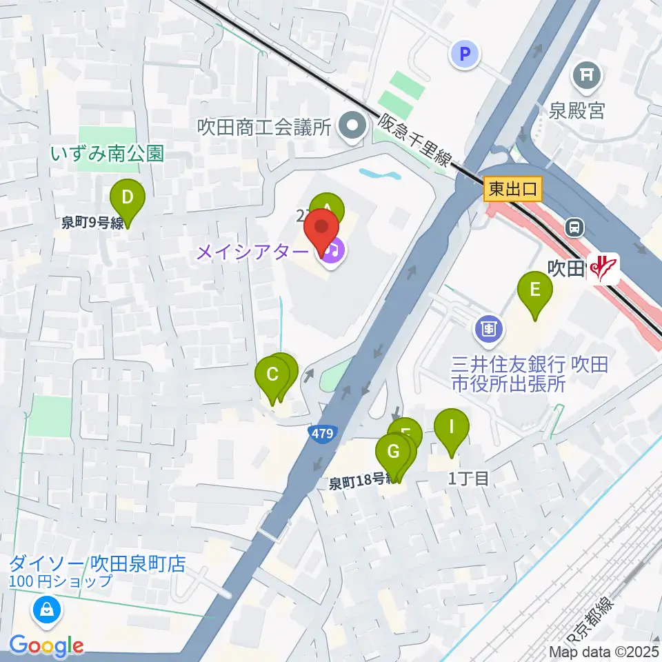 吹田市文化会館メイシアター周辺のファミレス・ファーストフード一覧地図