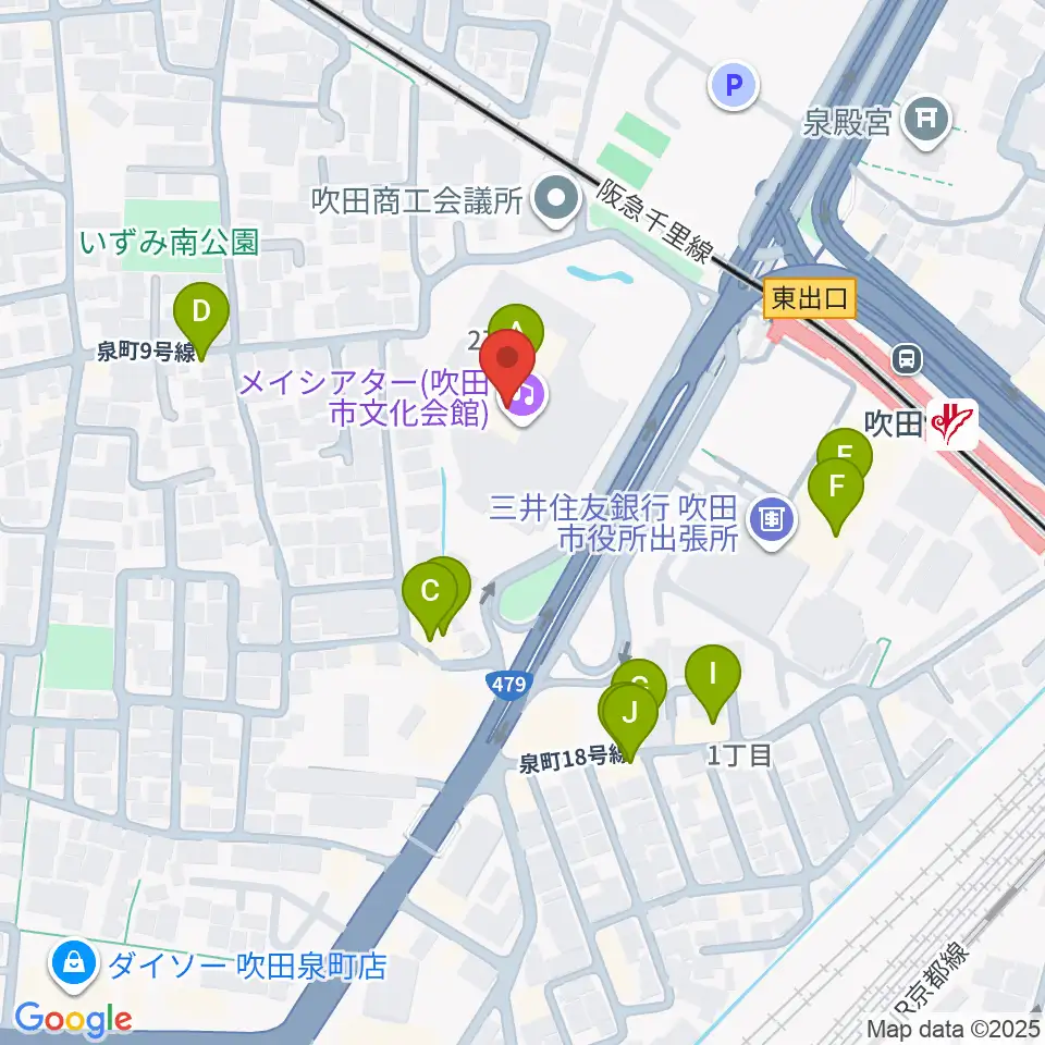 吹田市文化会館メイシアター周辺のファミレス・ファーストフード一覧地図