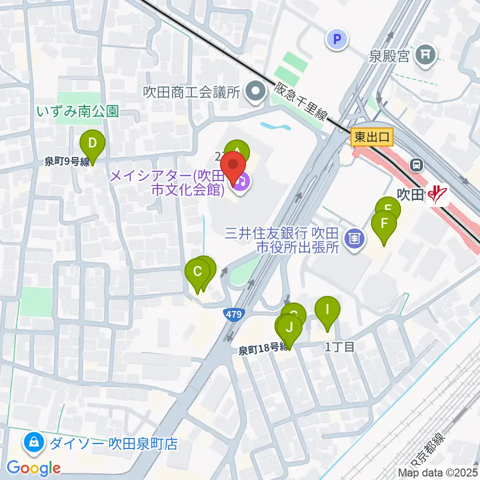 吹田市文化会館メイシアター周辺のファミレス・ファーストフード一覧地図
