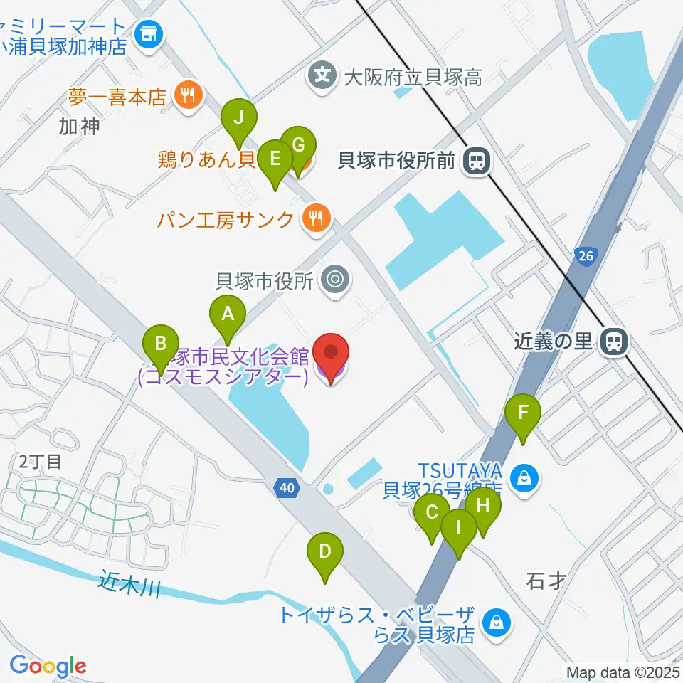 貝塚市民文化会館コスモスシアター周辺のファミレス・ファーストフード一覧地図