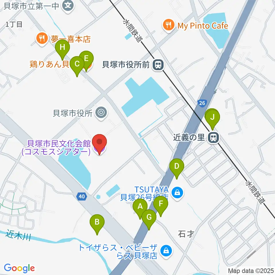 貝塚市民文化会館コスモスシアター周辺のファミレス・ファーストフード一覧地図