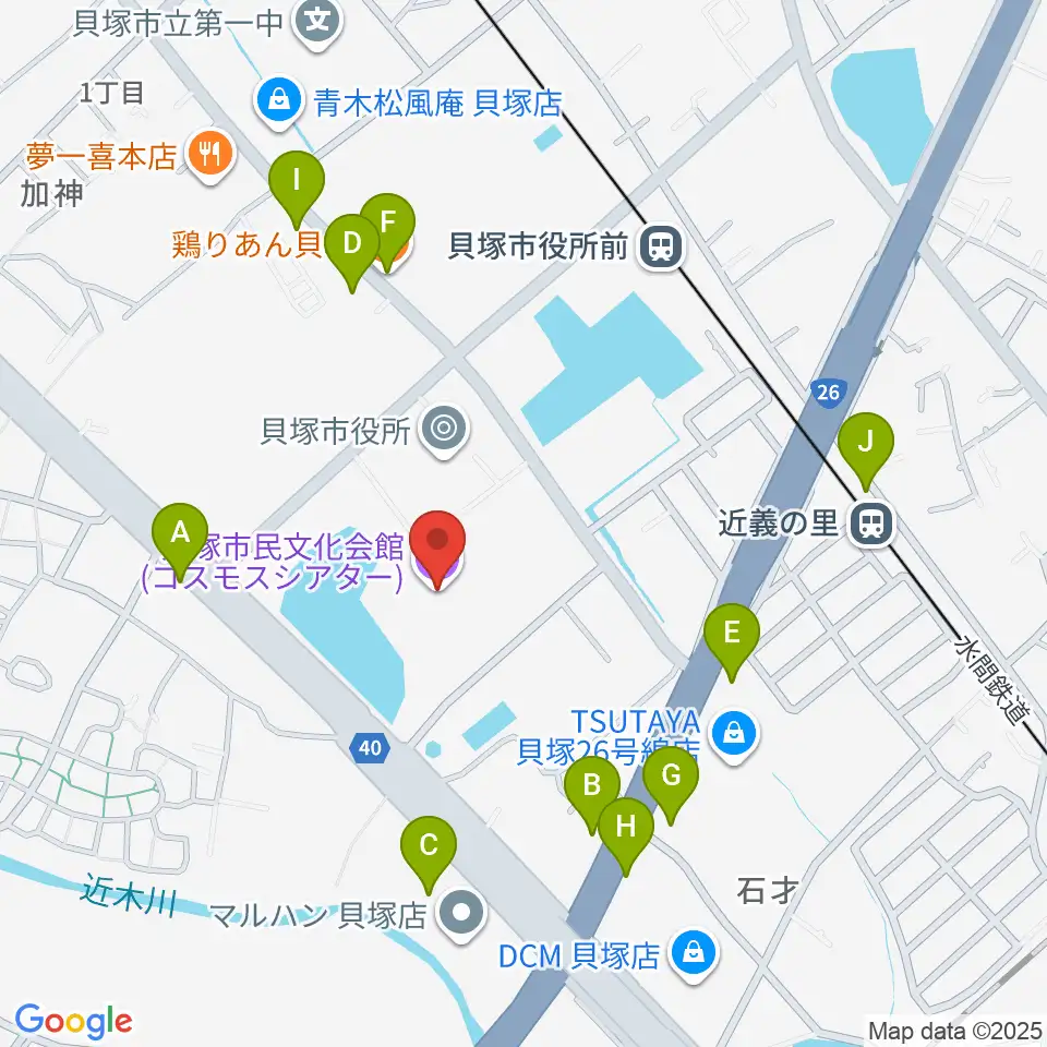 貝塚市民文化会館コスモスシアター周辺のファミレス・ファーストフード一覧地図