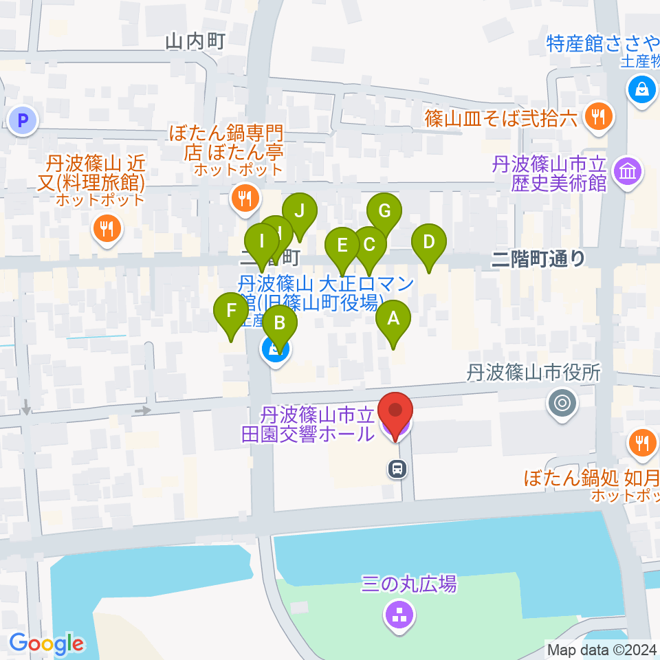 丹波篠山市立田園交響ホール周辺のファミレス・ファーストフード一覧地図