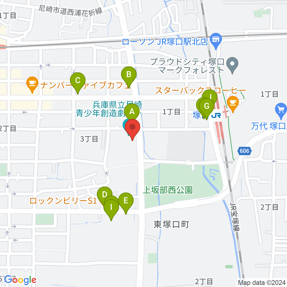 尼崎ピッコロシアター周辺のファミレス・ファーストフード一覧地図