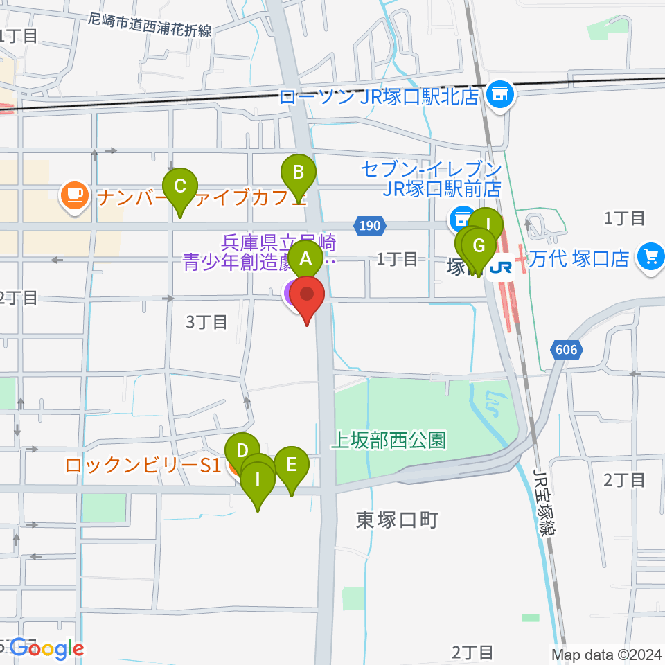 尼崎ピッコロシアター周辺のファミレス・ファーストフード一覧地図