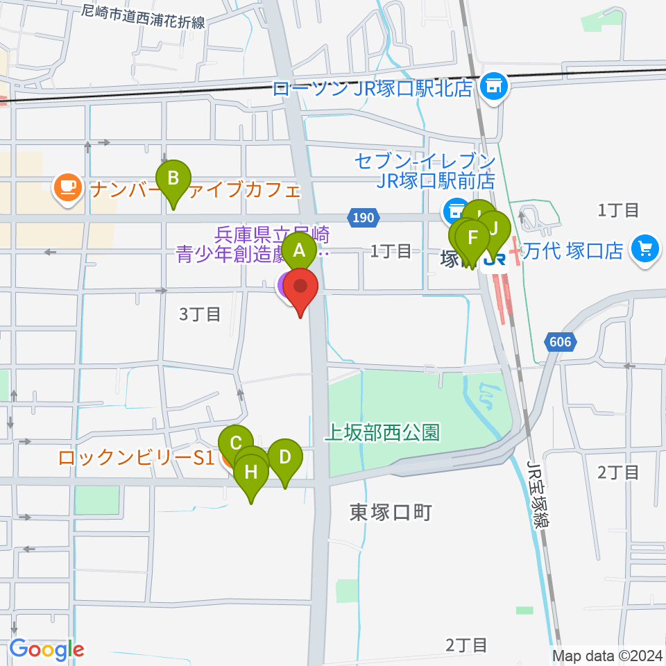 尼崎ピッコロシアター周辺のファミレス・ファーストフード一覧地図