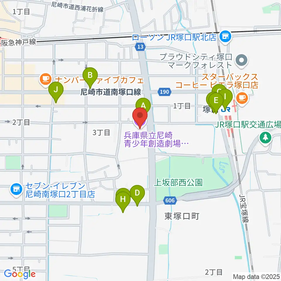 尼崎ピッコロシアター周辺のファミレス・ファーストフード一覧地図