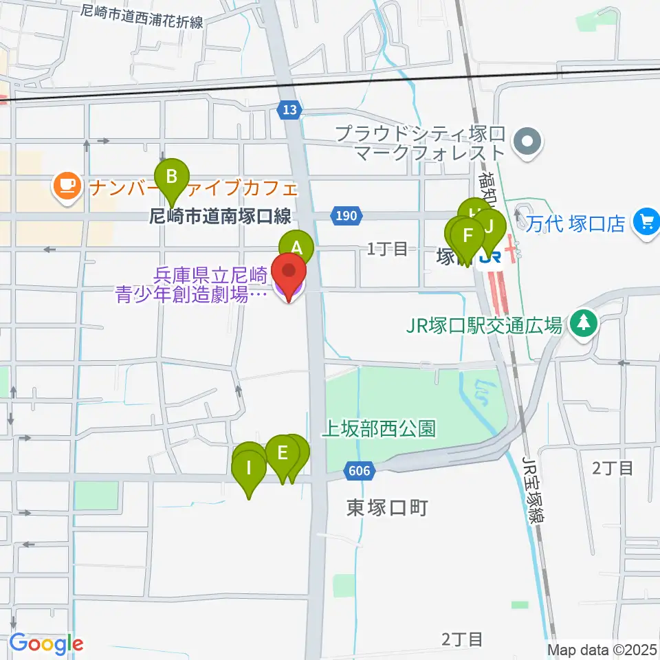 尼崎ピッコロシアター周辺のファミレス・ファーストフード一覧地図