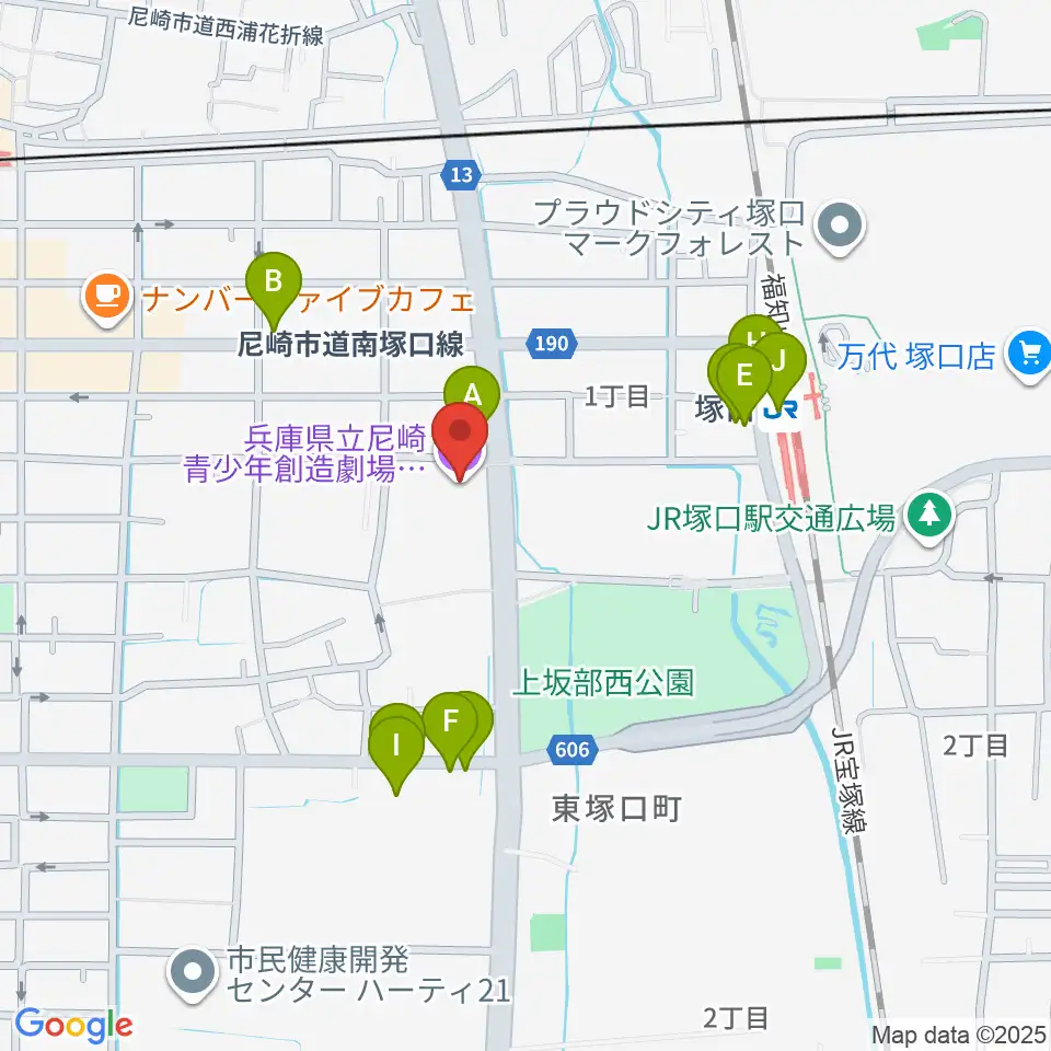 尼崎ピッコロシアター周辺のファミレス・ファーストフード一覧地図