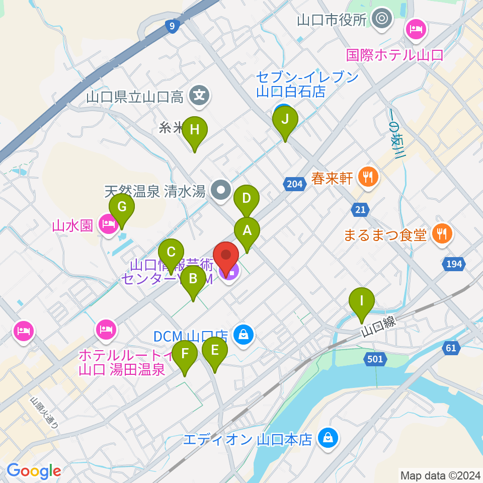 山口情報芸術センターYCAM周辺のファミレス・ファーストフード一覧地図