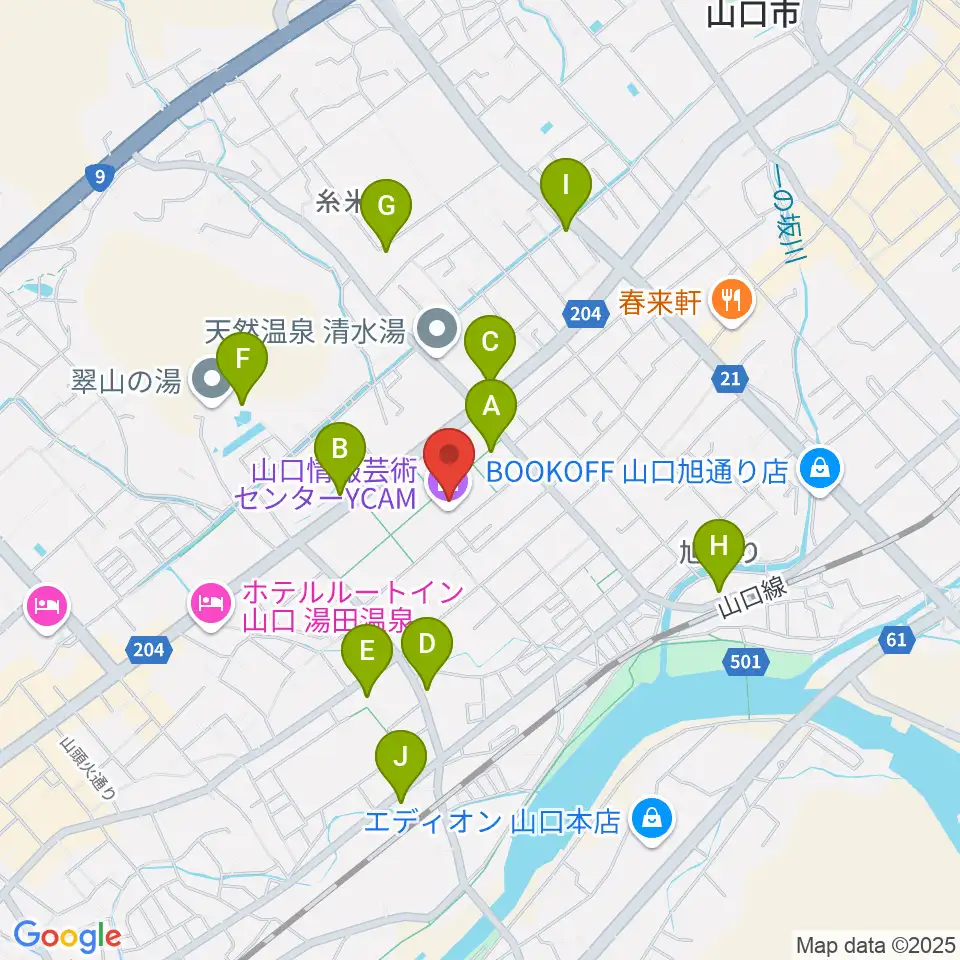 山口情報芸術センターYCAM周辺のファミレス・ファーストフード一覧地図