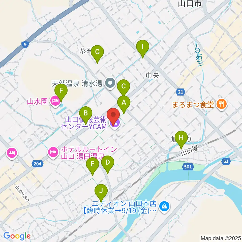 山口情報芸術センターYCAM周辺のファミレス・ファーストフード一覧地図