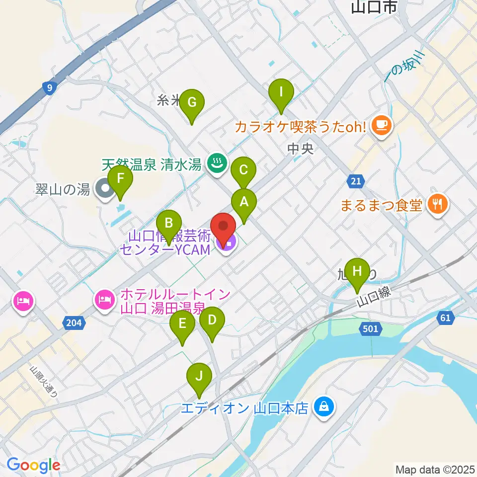山口情報芸術センターYCAM周辺のファミレス・ファーストフード一覧地図