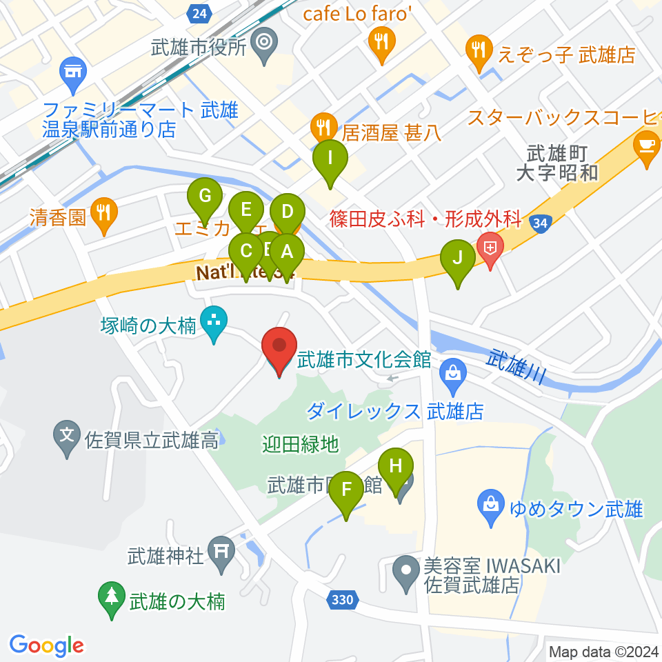 武雄市文化会館周辺のファミレス・ファーストフード一覧地図