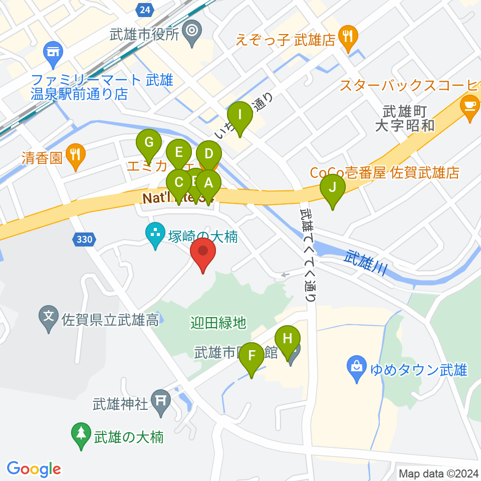 武雄市文化会館周辺のファミレス・ファーストフード一覧地図