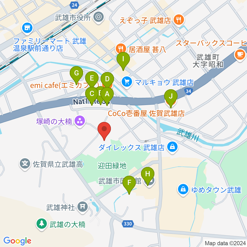 武雄市文化会館周辺のファミレス・ファーストフード一覧地図