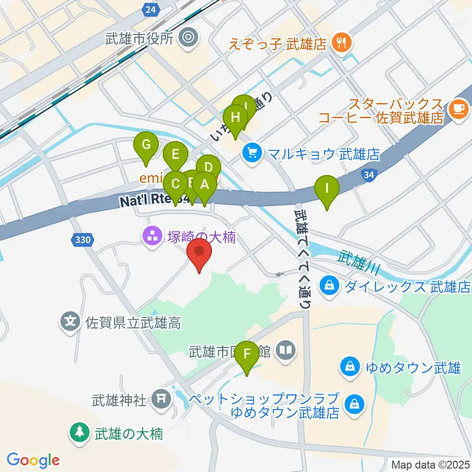 武雄市文化会館周辺のファミレス・ファーストフード一覧地図