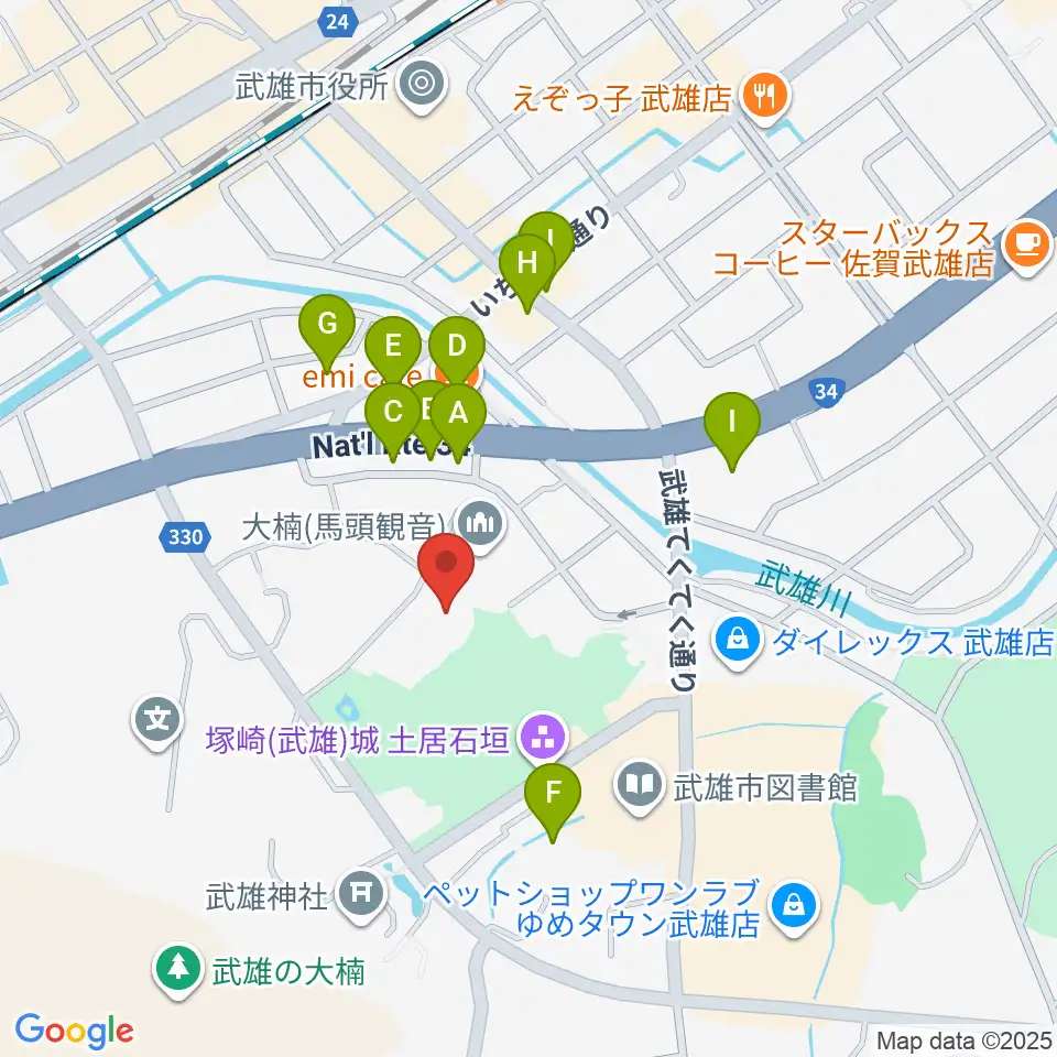 武雄市文化会館周辺のファミレス・ファーストフード一覧地図