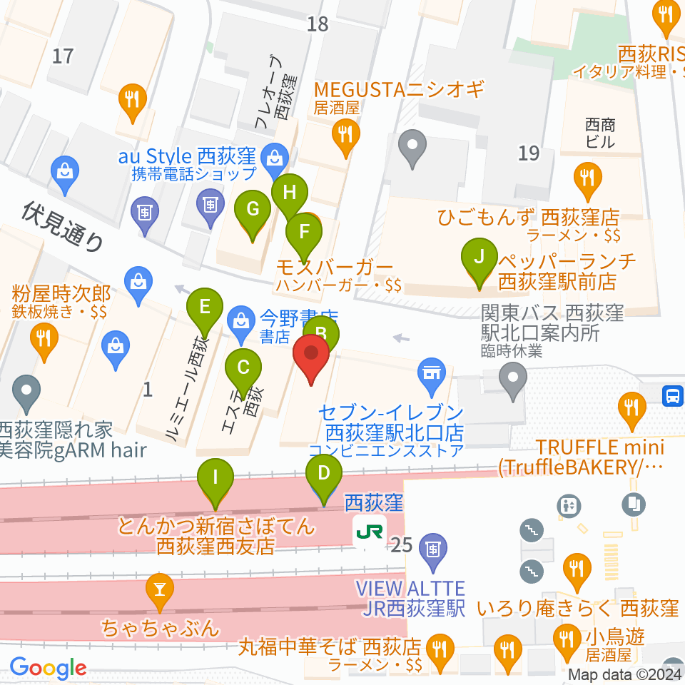 西荻窪ココパーム周辺のファミレス・ファーストフード一覧地図