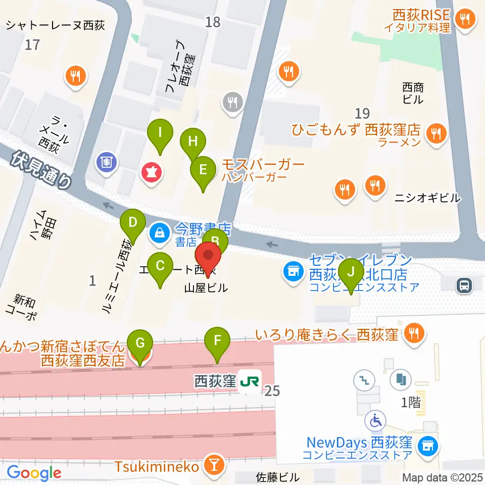 西荻窪ココパーム周辺のファミレス・ファーストフード一覧地図