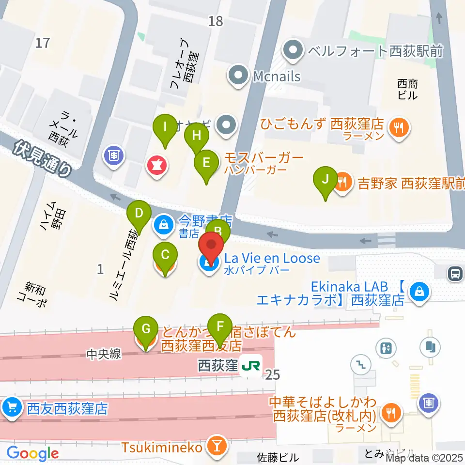 西荻窪ココパーム周辺のファミレス・ファーストフード一覧地図