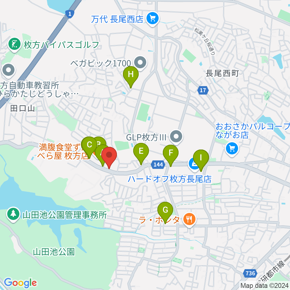 京阪ピアノサービス周辺のファミレス・ファーストフード一覧地図