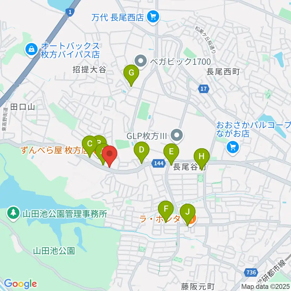 京阪ピアノサービス周辺のファミレス・ファーストフード一覧地図