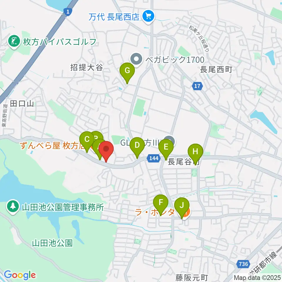 京阪ピアノサービス周辺のファミレス・ファーストフード一覧地図