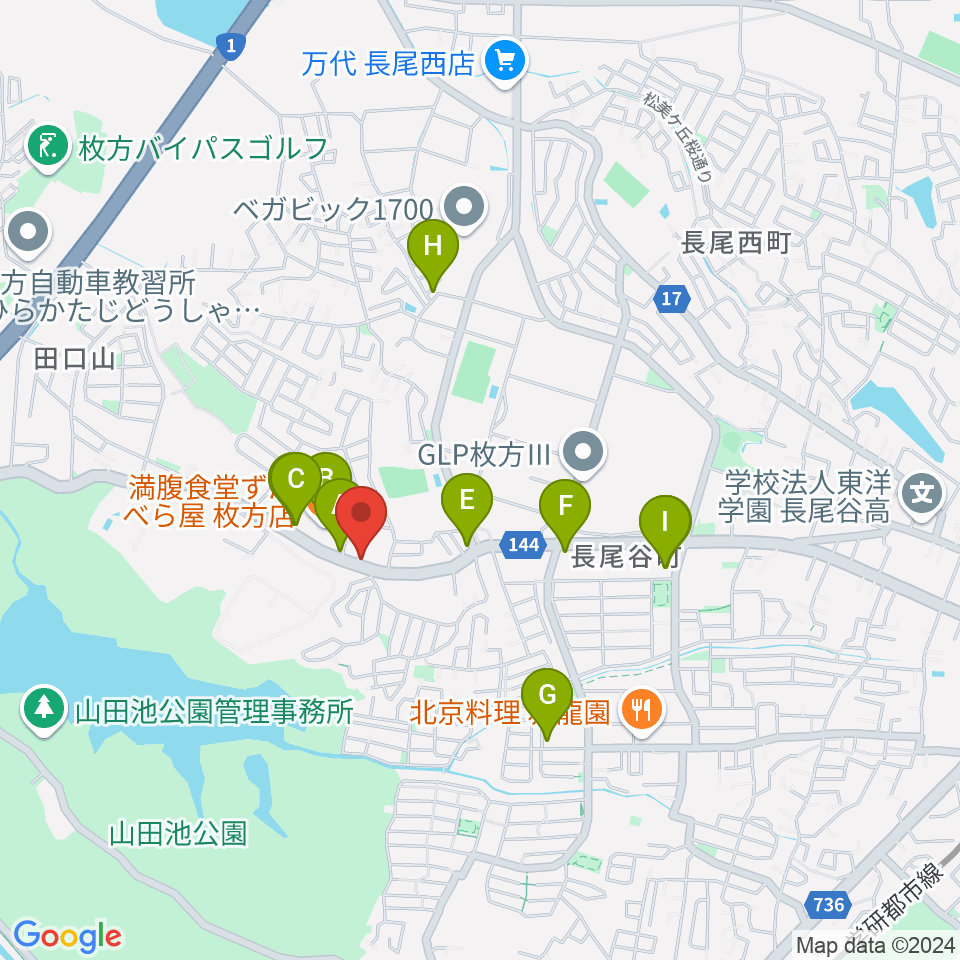 田口山音楽教室周辺のファミレス・ファーストフード一覧地図